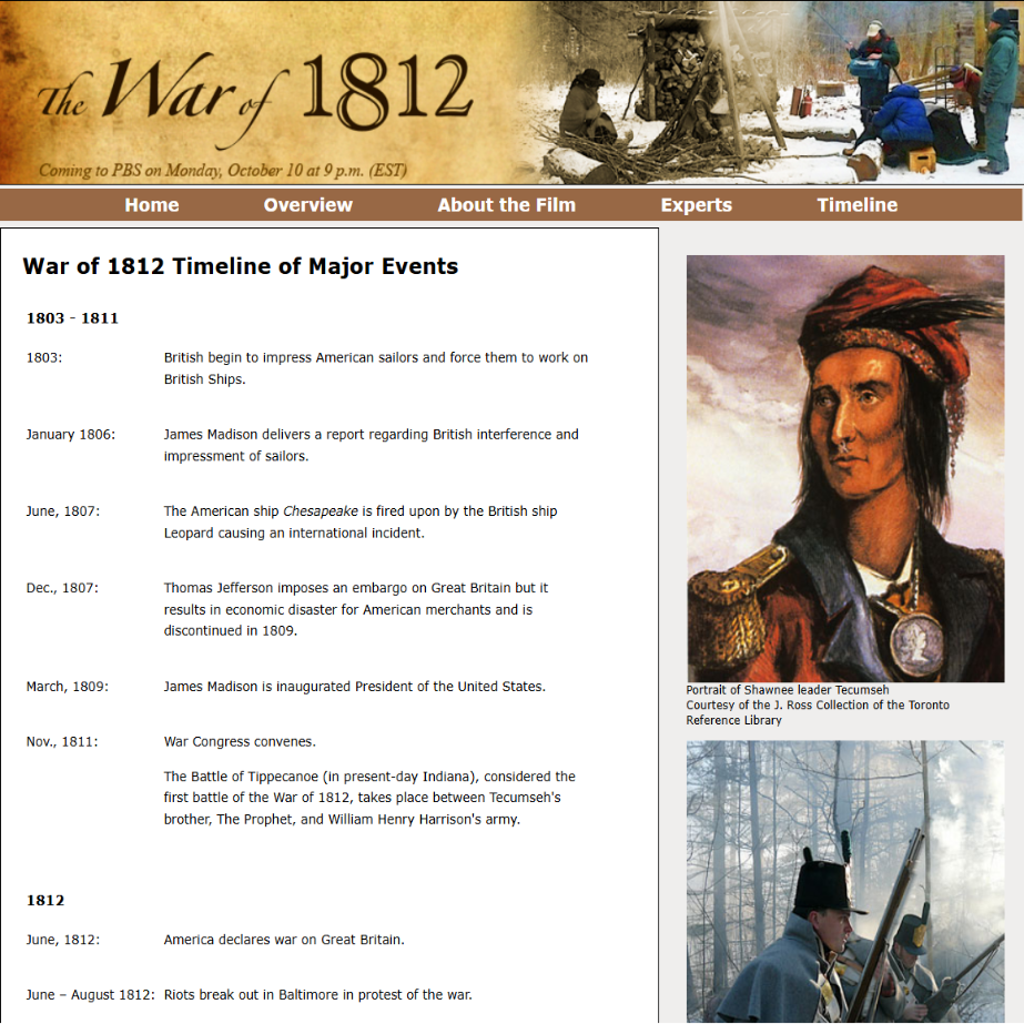 The War of 1812 documentary website design, 2010